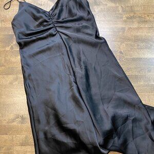 💛Zara Black Satin Ruched Midi Dress with Strappy Sweetheart Neck & Flared Hem